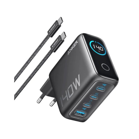 Anker Zolo Wall Charger 140W PD, GaN, 3Ports x USB-C, 1 x USB-A, Touchscreen, Compatible with iPhone, Samsung, Pixel, MacBook, Chromebook, AirPods and more, Silver, 18 Months Warranty