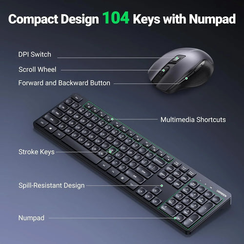 UGREEN Wireless Keyboard and Mouse Combo,2.4GHz Silent (Arabic)