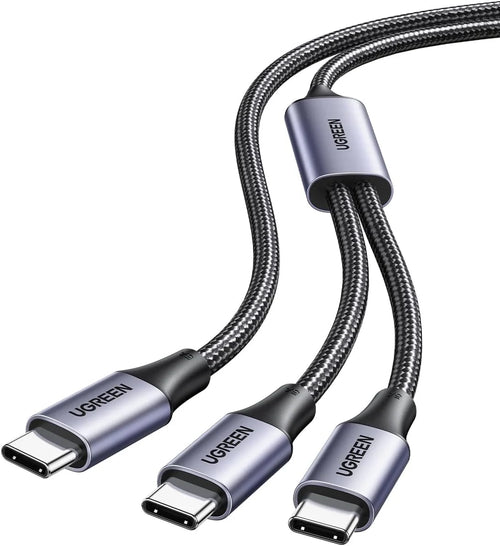 كابل UGREEN 2 في 1 من USB-C إلى USB-C مزدوج بطول 1.5 متر - شحن سريع بقدرة 100 واط PD 3.0 ومغطى بطبقة من القماش المجدول