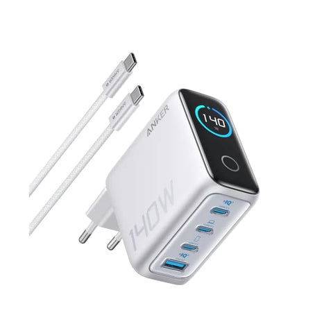 Anker Zolo Wall Charger 140W PD, GaN, 3Ports x USB-C, 1 x USB-A, Touchscreen, Compatible with iPhone, Samsung, Pixel, MacBook, Chromebook, AirPods and more, Silver, 18 Months Warranty