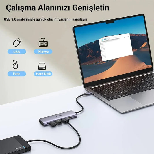 موزع محولات يوجرين 6 في 1 USB-C إلى USB، HDMI، 3 منافذ USB-A 3.0 متعددة الوظائف 