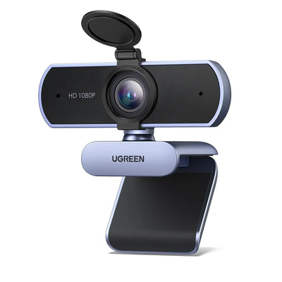 كاميرا ويب UGREEN بدقة Full HD 1080P ومعدل 30 إطارًا في الثانية، مزودة بمنفذ USB للكمبيوتر، تركيز ثابت، وعدسة مايكرو مزدوجة بزاوية 360 درجة 