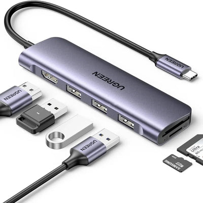موزع محولات يوجرين 6 في 1 USB-C إلى USB، HDMI، 3 منافذ USB-A 3.0 متعددة الوظائف 