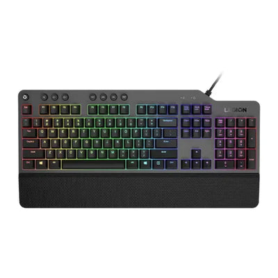 لوحة مفاتيح الألعاب الميكانيكية Lenovo Legion K500 RGB، مسند راحة اليد لراحة تامة - اللغة الإنجليزية الأمريكية - غطاء علوي رمادي حديدي وجسم أسود