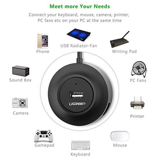 UGREEN 20277 Round USB 2.0 Hub - 4-Port High-Speed Data Splitter with 1m Extension Cable - Black