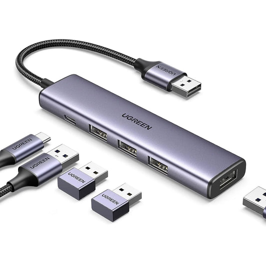 UGREEN 20805 CM473 4-Port USB 3.0 Hub - Ultra-Slim High-Speed Data Splitter for MacBook, Laptop, PC, & Surface - Space Gray (Open Box)