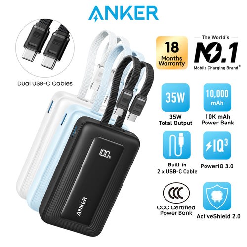 Anker Zolo 10,000mAh 35W Power Bank with Dual Built-In USB-C Cables - Black | A110LH12