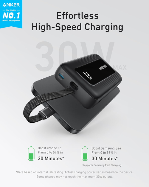 Anker Zolo 10,000mAh 30W Power Bank with Built-In USB-C Cable - Black | A1688H11